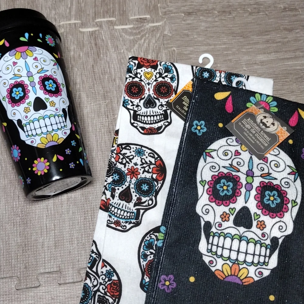 NWT Sugar Skull Travel Mug and 2 Towels Set - Picture 2 of 15